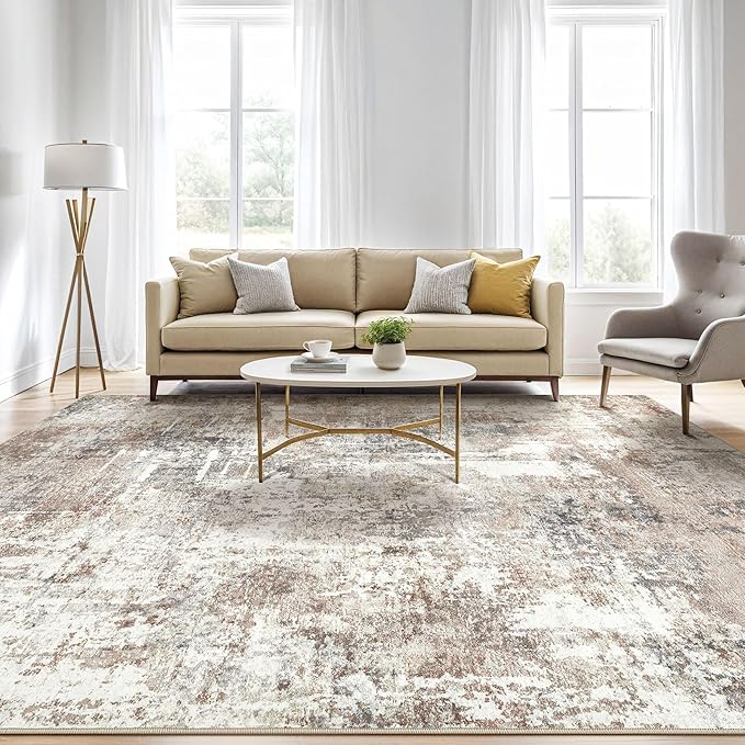 10x14 Area Rugs Living Room: Washable Large Abstract Modern Soft Rug Stain Resistant Indoor Floor Non Slip Accent Carpet for Bedroom Nursery Playroom Office Dining Room Dorm Home House- Brown