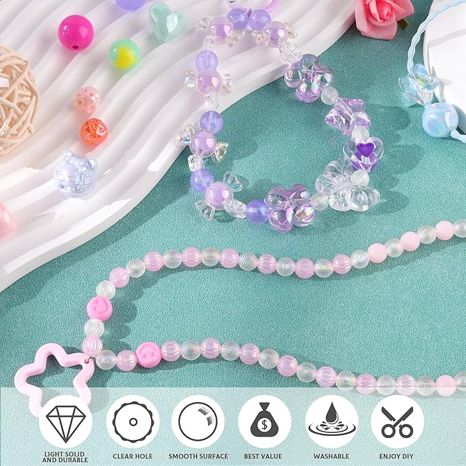 Assorted 180-240PCS Acrylic Beads for Bracelet Making,Flower Bow Butterfly Candy GummyBear Kawaii Aesthetic Bracelet Charms, Cute Beads for Jewelry Making Necklace Keychain Phone Charms DIY