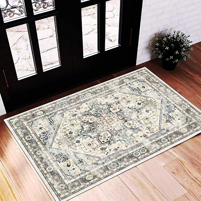 2'x3' Cyan Khaki Area Rug Washable Door Mat Vintage Distressed Doormat Indoor Entrance Traditional Thin Floral Print Non Slip Carpet for Kitchen Bathroom Bedroom Living Room