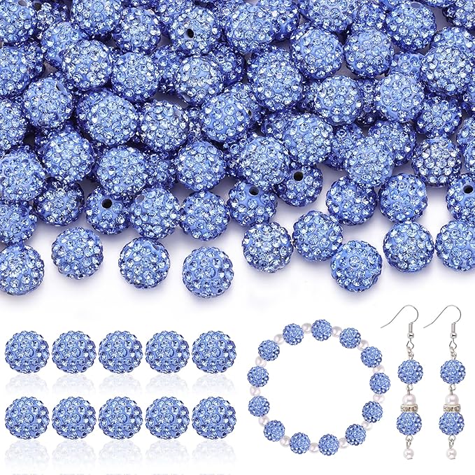 200pcs 10mm Rhinestone Beads for Jewelry Making, Light Blue Shiny Round Disco Ball Beads Bulk, Sparkle Crystal Clay Christmas for Bracelet Baseball Necklace Earring Crafting and DIY