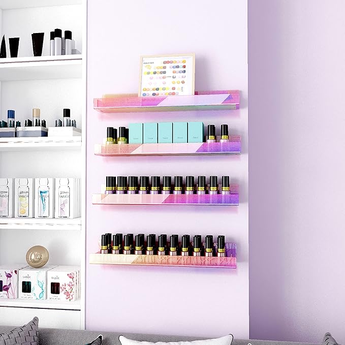 4 Pack 15 Inch Iridescent Acrylic Shelves, Clear Rainbow Floating Shelves for Wall, Modern Sunglasses Essential Oil Picture Ledge Display Toy Storage Wall Shelf