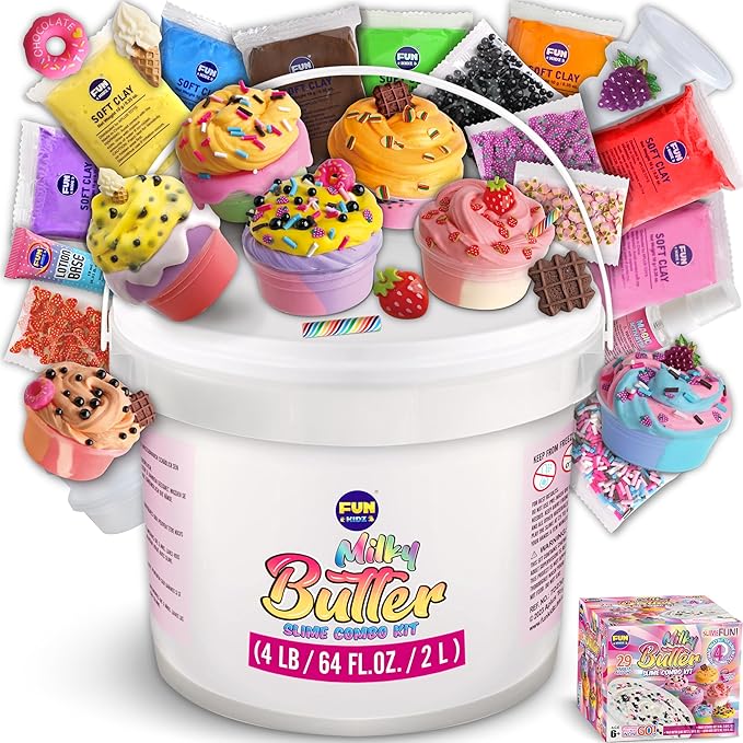 4 LB Milky Butter Slime Bucket Gift for Girls, FunKidz 64 FL OZ Huge Soft White Premade Scented Slime Kit Toy with 29 Variety Add-Ins Perfect Birthday Present for Kids Age 6+