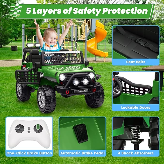 24V 4WD Ride on Truck Car w/800W Motors, Gift Flower, Remote Control, 2 Seaters, Light Bar, 3 Speeds, Pop Music, Power Four Wheels, 24 Volt Ride on Toy Car for Big Kids, Green