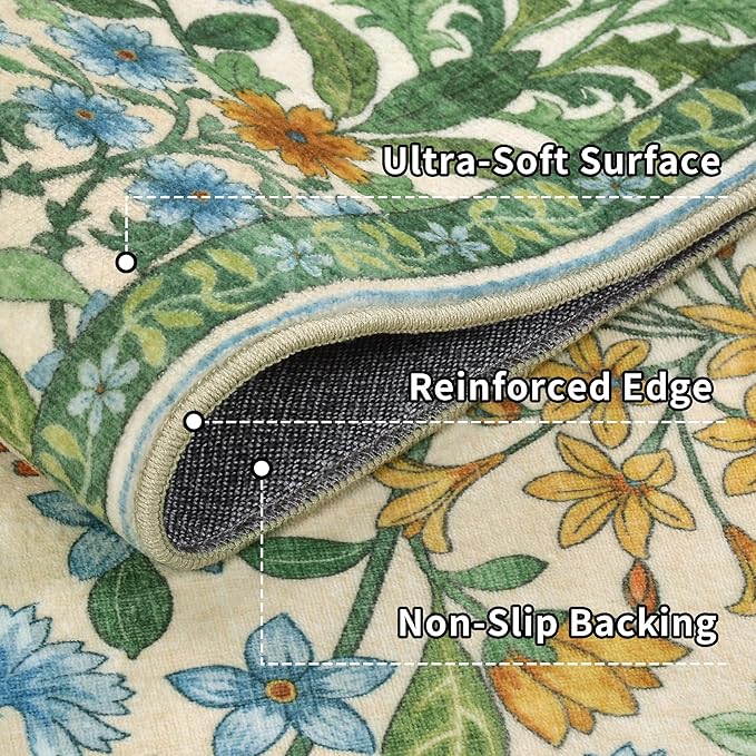 2x6 Washable Runner Rug,Grass Green Floral Boho Area Rug for Hallway,Low-Pile Non-Slip Stain Resistant Carpet for Kitchen, Bedside,Laundry Room,Entryway