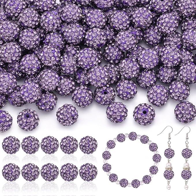 200pcs 10mm Rhinestone Beads for Jewelry Making, Purple Shiny Round Disco Ball Beads Bulk, Sparkle Crystal Clay Christmas for Bracelet Baseball Necklace Earring Crafting and DIY
