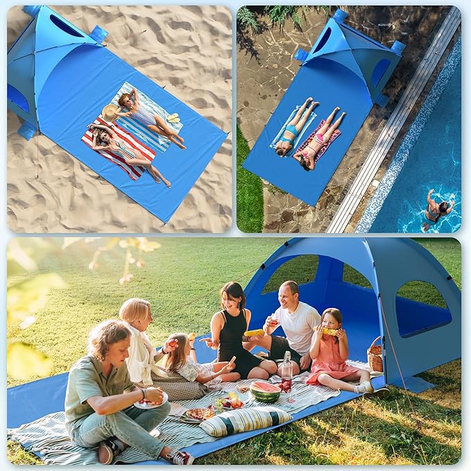 Beach Tent Sun Shelter with Extended Sand Mat 114×82inch，UPF 50+ Protection, 3 Double-Layer Windows for Enhanced Privacy; Portable Beach Shade, 3-4 People. Windproof and Waterproof