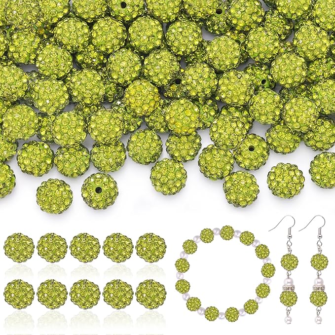 160pcs 10mm Rhinestone Beads for Jewelry Making, Olivine Shiny Round Disco Ball Beads Bulk, Sparkle Crystal Clay Christmas for Bracelet Baseball Necklace Earring Crafting and DIY