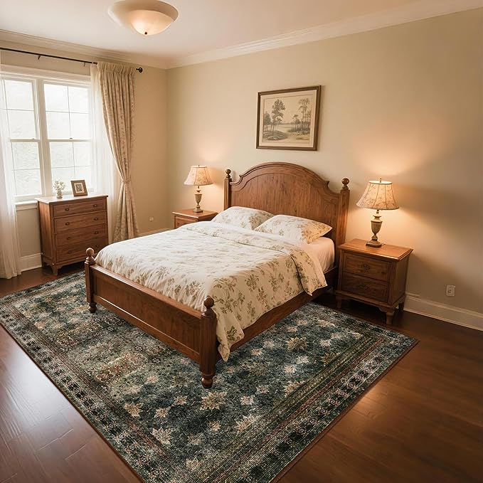 4x6 Area Rug for Bedroom Machine Washable, Non Slip Vintage Floral Kitchen Rugs for Dining Room, Rustic Indoor Floor Carpet for Kids Room, Playroom, Farmhouse(Dark Green/Brown/Multi)