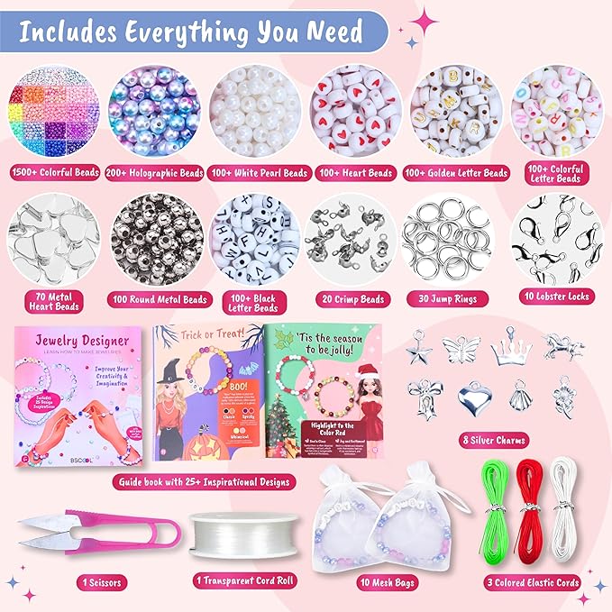 BSCOOL - Jewelry Designer DIY Beads Kit, 2500+ Beads, Friendship Bracelet Making Kit, Jewelry Making Kit for Girls Age 5 and Up. Complete Set with Charms. Instructions Guide Included