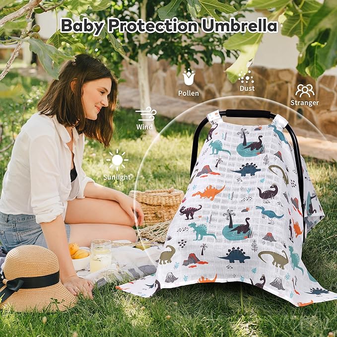 Rquite Muslin Car Seat Cover Baby, Carseat Covers Baby Boy Girl, Breathable Lightweight Infant Car Seat Cover, Baby Carrier Cover Car Seat Canopy Stroller Sun Shade for Summer & Hot Day, Universal Fit