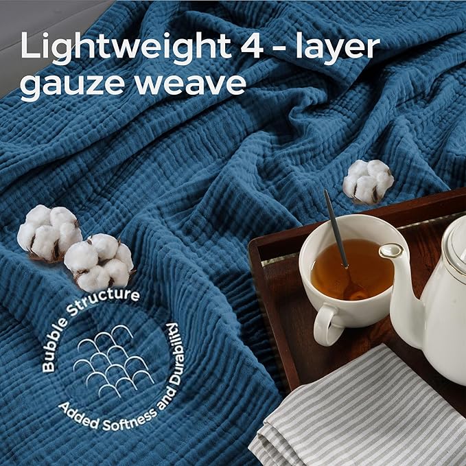 Threadmill Muslin King Blanket | 4 Layer 100% Cotton Gauze Summer Blanket | Soft, Breathable, and Cozy for All Seasons | Lighweight King Size Blanket for Bed | Folkstone Blue