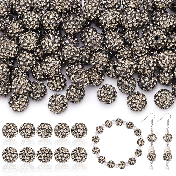 160pcs 10mm Rhinestone Beads for Jewelry Making, Gray Shiny Round Disco Ball Beads Bulk, Sparkle Crystal Clay Christmas for Bracelet Baseball Necklace Earring Crafting and DIY