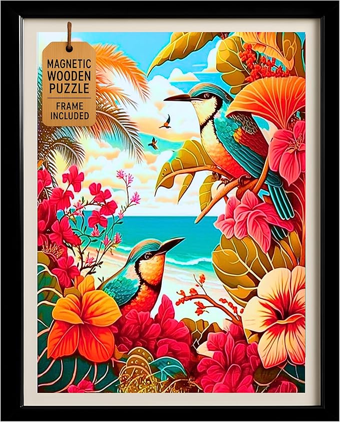 Magnetic Wooden Puzzles with Frame for Adults - Brain Teaser Wooden Jigsaw Puzzles - Lazer Wooden Cut Puzzles - Landscape Wall Art Decor - Christmas & Birthday Gift (Tropical Birds)