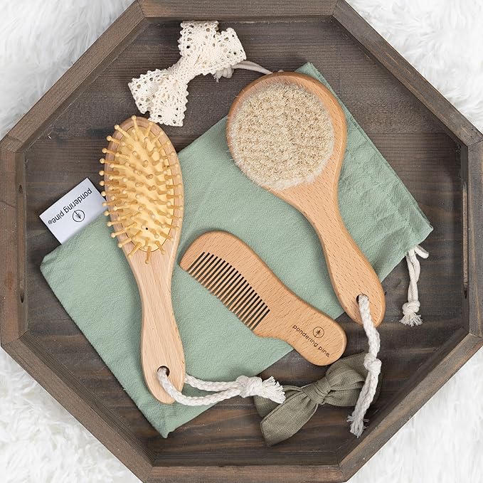 Natural Baby Hair Brush Set with Boho Bag - Goat Hair Cradle Cap Brush, Toddler Brush and Comb - Scalp Grooming Baby Hairbrush for Newborn and Infant, Wooden Brushes for Boys and Girls