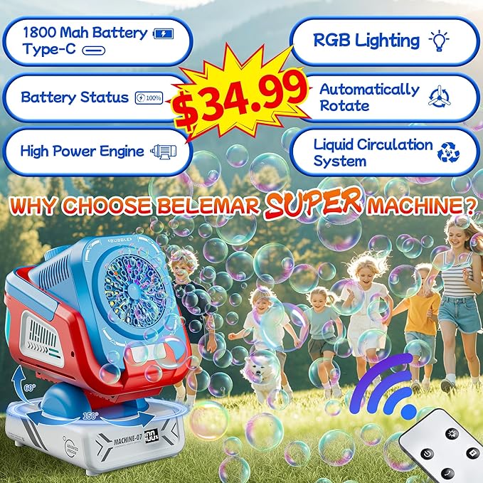 2025 Upgraded Bubble Machine with Remote Control, Automatic Rotation & RGB Lights, 1800mAh Rechargeable Battery, Type-C Charge, Bubble Maker for Kids, Weddings, Birthday Parties, Outdoor Activities