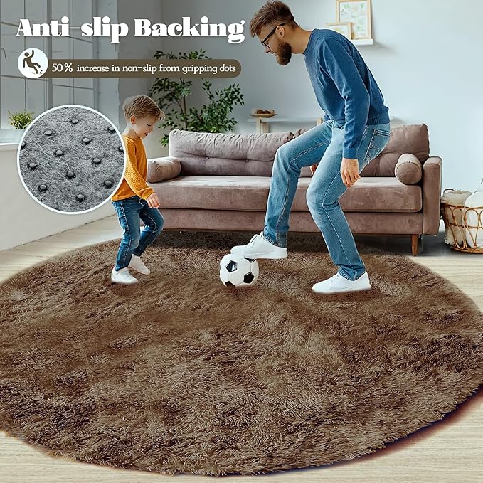 4FT Round Rug for Bedroom: Fluffy Shag Soft Washable Rugs Circle Small Fuzzy Plush Indoor Carpet for Living Room Nursery Playroom Dorm Kids Girls Boys Room (Coffee, 4'x4')