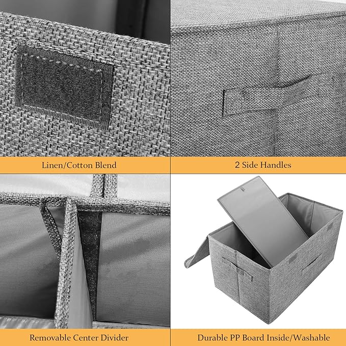 2 Pack Storage Boxes with Lids and Handles, Collapsible Linen Storage Bins Organizer Containers Baskets Cube with Removable Divider for Home Bedroom Closet Office (Khaki, Small)