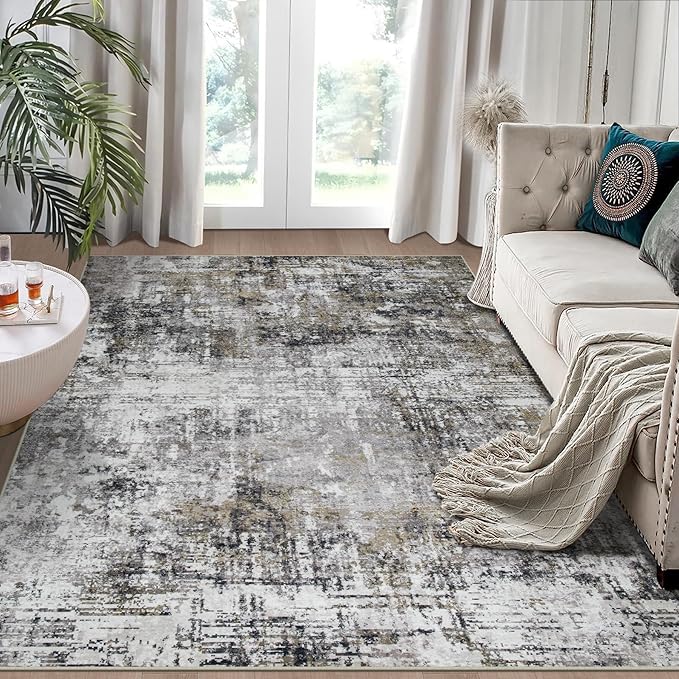 4x6 Area Rugs for Living Room Rug Washable: Modern Large Rug for Dining Room Bedroom Carpet Non Slip Low Pile 4 by 6 Indoor Abstract Nursery Home Office Black Gold