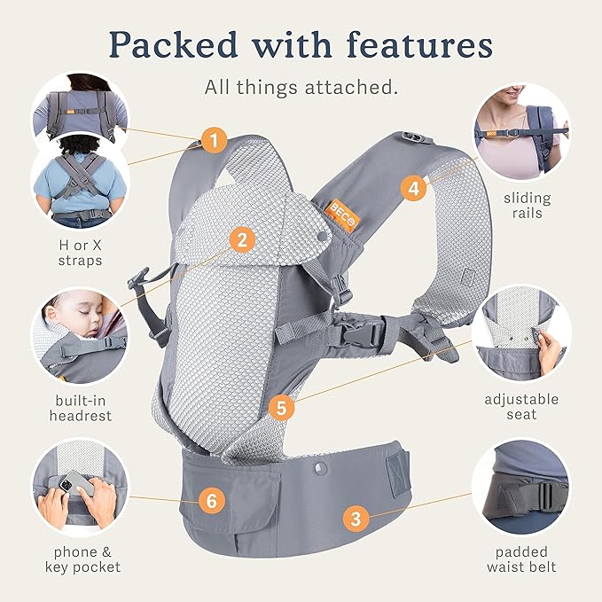 Beco Gemini Baby Carrier from Newborn to Toddler - Certified Ergonomic Newborn Baby Carrier for Infants and Children of 7-35 lbs - M Shape, Adjustable Seat, Breathable 3D Mesh (Cool Grey Geometric)
