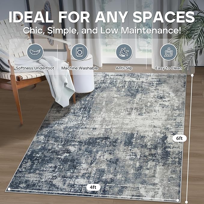 4x6 Area Rugs for Living Room Rug Washable: Modern Large Rug for Dining Room Bedroom Carpet Non Slip Low Pile 4 by 6 Indoor Abstract Nursery Home Office Blue Grey