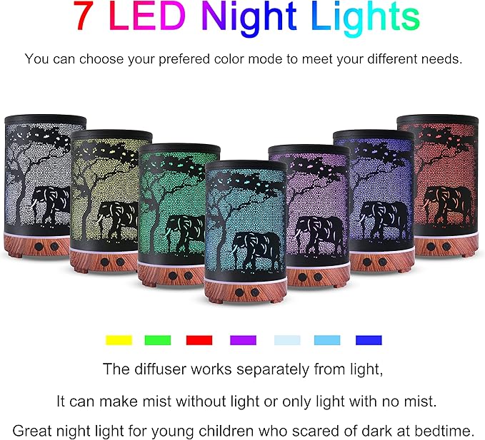 Essential Oils Diffuser,Aromatherapy Diffuser,Birthday Gifts for Women Mom Grandma,Metal Cool Mist Humidifier with 7 Colors Lights Waterless Auto Off Air Diffusers（Elephant）