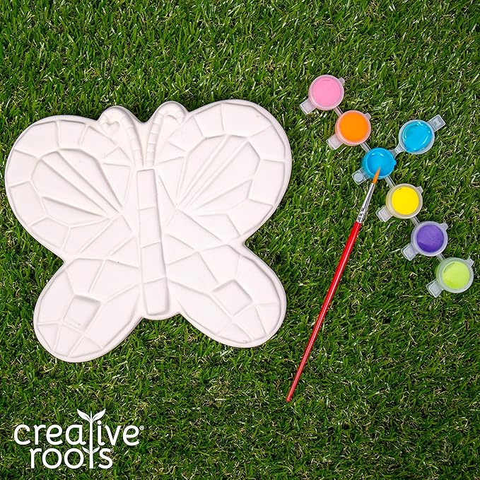 Creative Roots Mosaic Butterfly Stepping Stone Kit, Includes 7-Inch Ceramic Stepping Stone & 6 Vibrant Paints, Paint Your Own Stepping Stone, DIY Stepping Stone for Kids Ages 8+ White